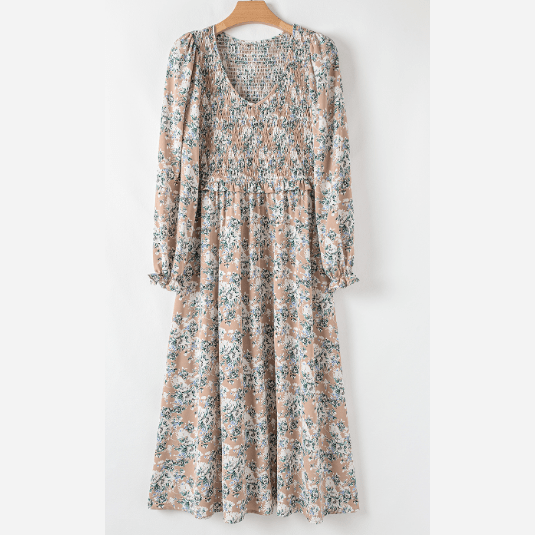 Halsie Khaki Maple Grove Floral Smocked Puff Sleeve Long Dress