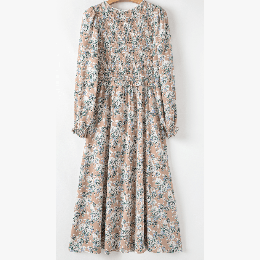 Halsie Khaki Maple Grove Floral Smocked Puff Sleeve Long Dress