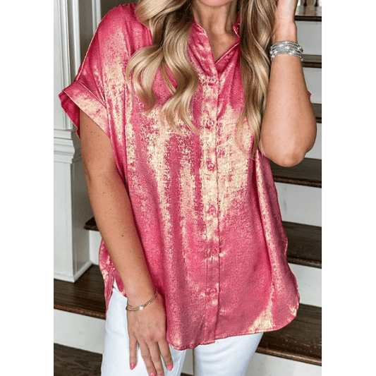 Franca Metallic Sheen Short Sleeve Buttoned Front Casual Shirt