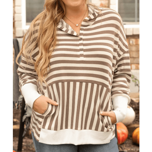 Cambee  Brown Stripe Quarter Buttons Drop Sleeve Plus Size Hoodie