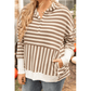 Cambee  Brown Stripe Quarter Buttons Drop Sleeve Plus Size Hoodie