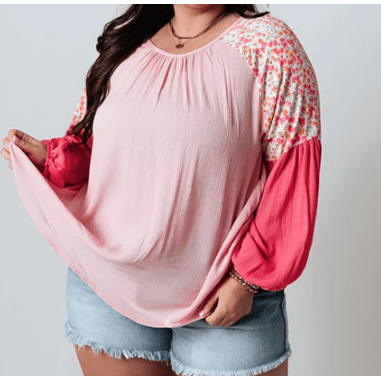 Luci Pink Contrast Floral Patchwork Long Sleeve Plus Size Blouse