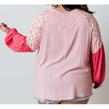 Luci Pink Contrast Floral Patchwork Long Sleeve Plus Size Blouse