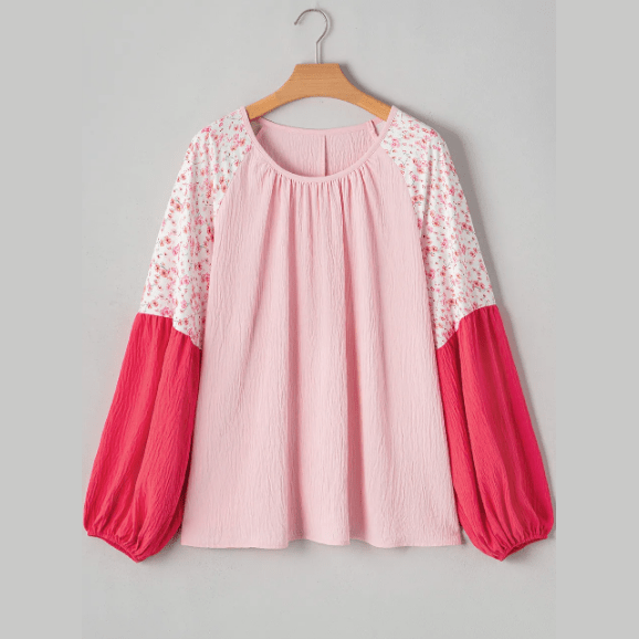 Luci Pink Contrast Floral Patchwork Long Sleeve Plus Size Blouse