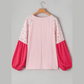 Luci Pink Contrast Floral Patchwork Long Sleeve Plus Size Blouse