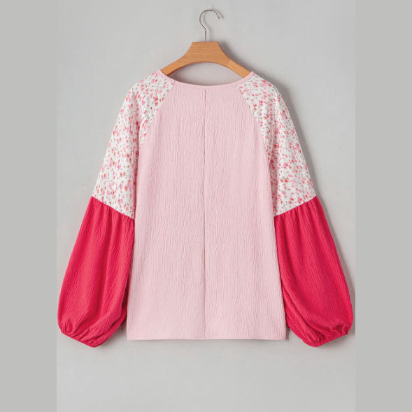 Luci Pink Contrast Floral Patchwork Long Sleeve Plus Size Blouse