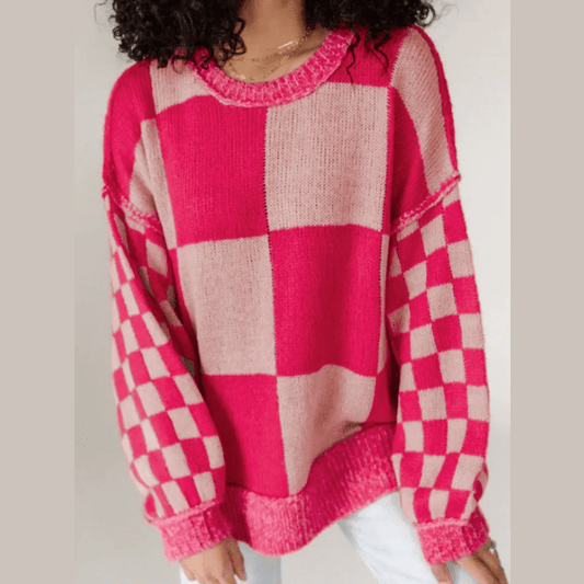 Martine Mixed Checkered Pattern Drop Shoulder Loose Sweater