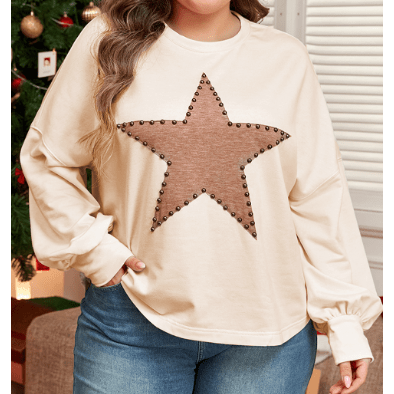 REDUCED!!!  Uma Beige Star Shape Studded Crew Neck PLUS SIZE T Shirt REDUCED!!!