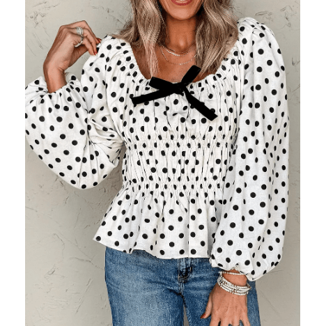 REDUCED!!!  Terra Black Polka Dot Puff Sleeve Bow Square Neck Peplum Top  REDUCED!!!