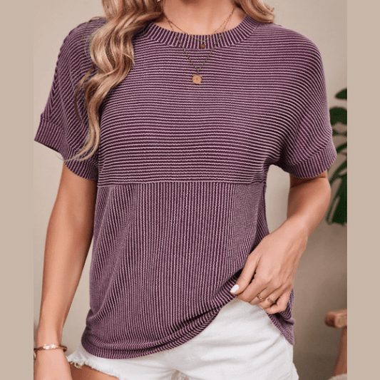 Nathalie Mauve Corded Knit Mock Neck T Shirt