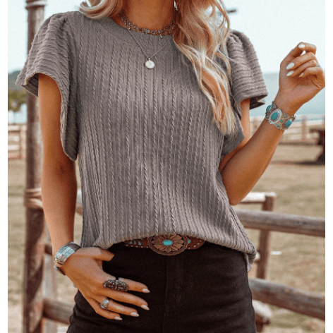 Arissa Grey Textured Flutter Sleeve Top