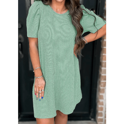 Gina Mint Green Corded Knit Crew Neck Puff Sleeve Shift Mini Dress