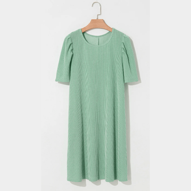 Gina Mint Green Corded Knit Crew Neck Puff Sleeve Shift Mini Dress