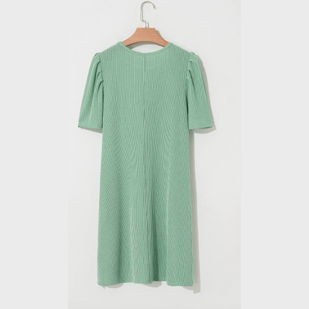 Gina Mint Green Corded Knit Crew Neck Puff Sleeve Shift Mini Dress