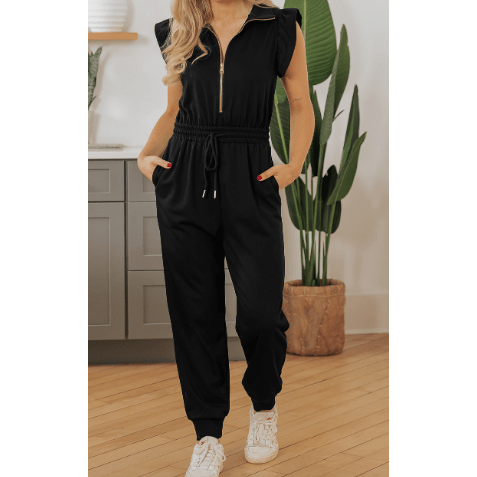 REDUCED!!!  Malbi Black Zipper Flutter Sleeve Drawstring High Waist Jumpsuit  REDUCED!!!