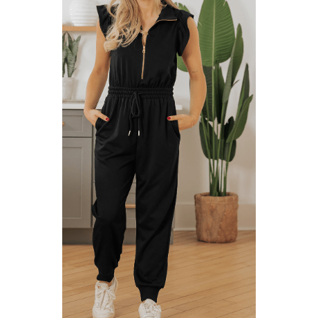 REDUCED!!!  Malbi Black Zipper Flutter Sleeve Drawstring High Waist Jumpsuit  REDUCED!!!