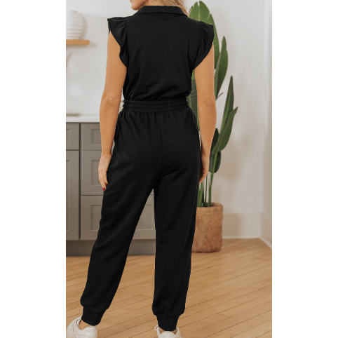 REDUCED!!!  Malbi Black Zipper Flutter Sleeve Drawstring High Waist Jumpsuit  REDUCED!!!