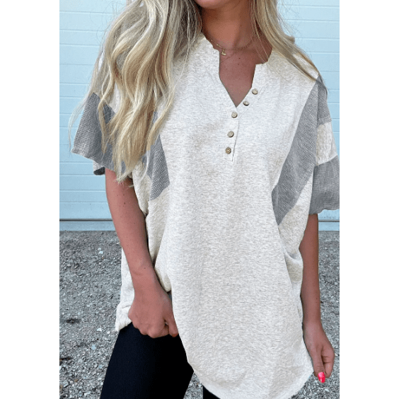 Charlize Two Tone Contrast Waffle Knit Patched Buttoned V Neck Top
