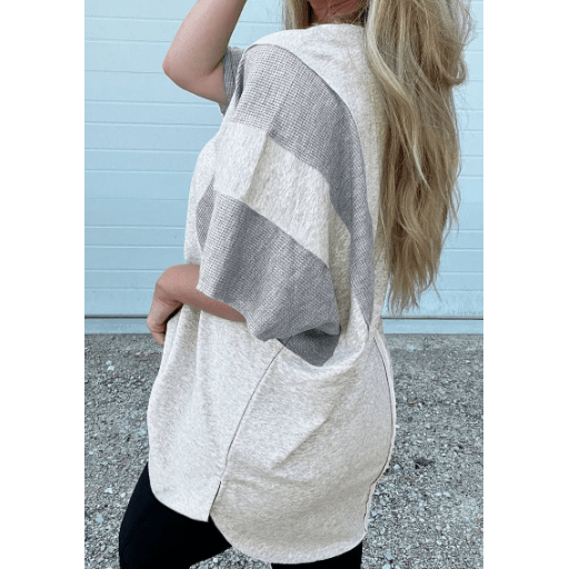 Charlize Two Tone Contrast Waffle Knit Patched Buttoned V Neck Top
