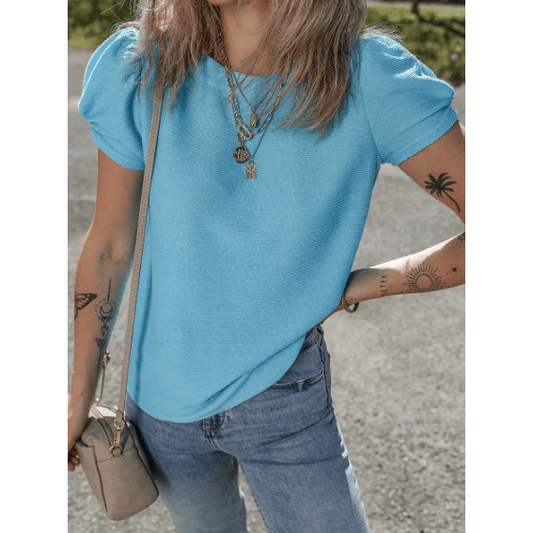 REDUCED!!!  Kamryn Light Blue Bubble Sleeve Solid Color Elegant T-Shirt  REDUCED!!!