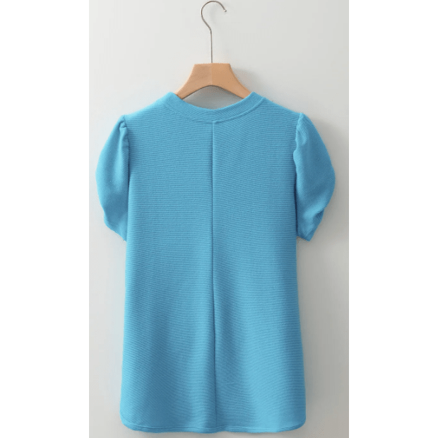 REDUCED!!!  Kamryn Light Blue Bubble Sleeve Solid Color Elegant T-Shirt  REDUCED!!!