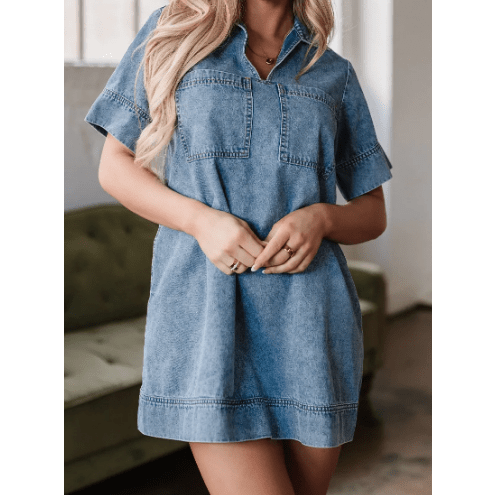 Mika Beau Blue Short Sleeve Collared Patched Pocket Denim Mini Dress