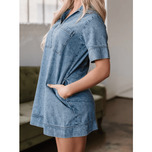 Mika Beau Blue Short Sleeve Collared Patched Pocket Denim Mini Dress
