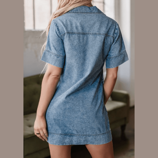 Mika Beau Blue Short Sleeve Collared Patched Pocket Denim Mini Dress