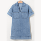 Mika Beau Blue Short Sleeve Collared Patched Pocket Denim Mini Dress