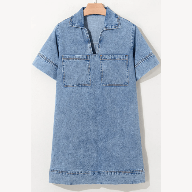 Mika Beau Blue Short Sleeve Collared Patched Pocket Denim Mini Dress