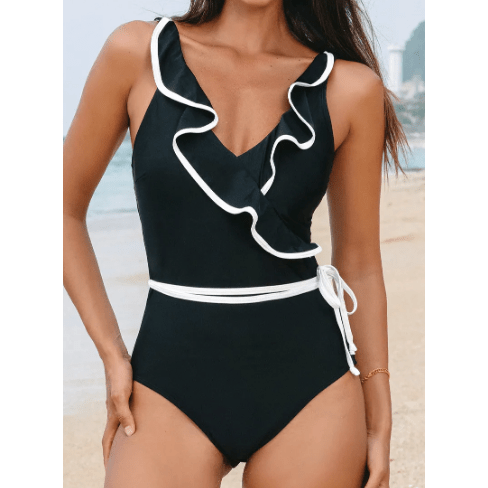 Britta Black Color Contrast Ruffled Wrap V Neck Swimsuit