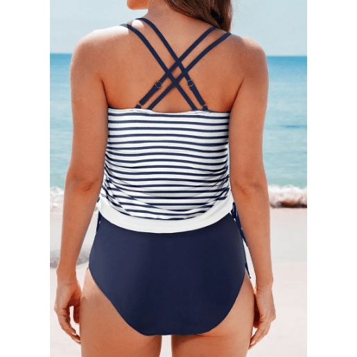 Rach Blue Stripe Drawstring Tummy Control Mix-and-match 2pcs Tankini Swimsuit