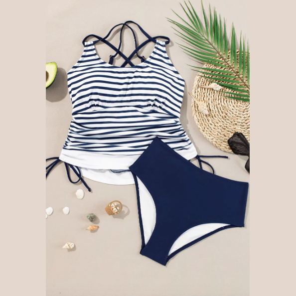 Rach Blue Stripe Drawstring Tummy Control Mix-and-match 2pcs Tankini Swimsuit