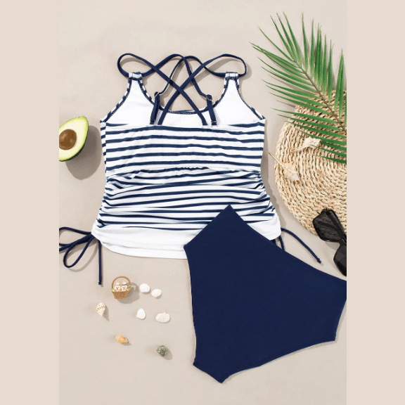 Rach Blue Stripe Drawstring Tummy Control Mix-and-match 2pcs Tankini Swimsuit