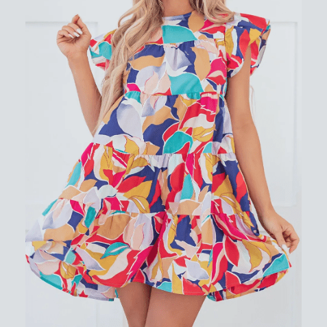 SALE!!! Linnea Abstract Printed Ruffled Flutter Sleeve Tiered Mini Dress