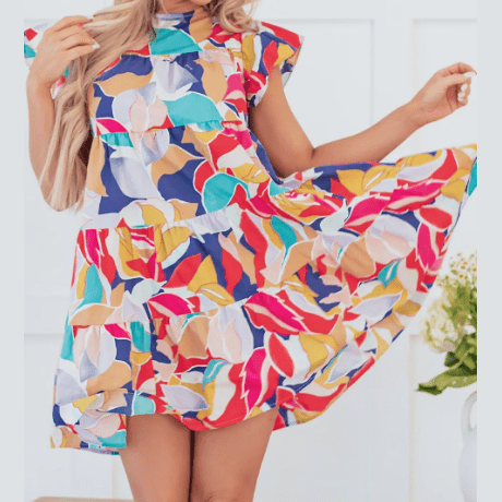 SALE!!! Linnea Abstract Printed Ruffled Flutter Sleeve Tiered Mini Dress
