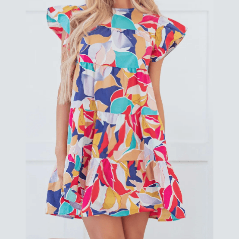 SALE!!! Linnea Abstract Printed Ruffled Flutter Sleeve Tiered Mini Dress