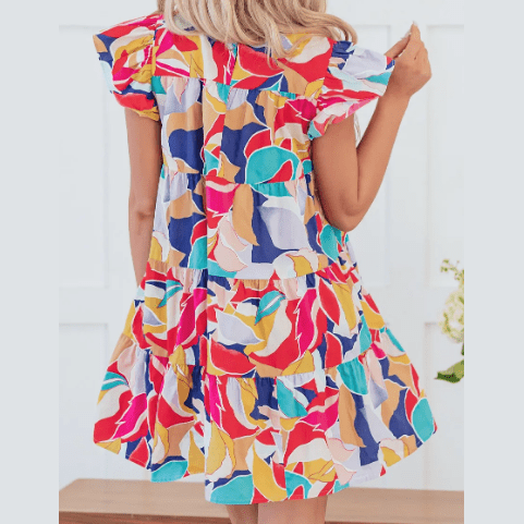 SALE!!! Linnea Abstract Printed Ruffled Flutter Sleeve Tiered Mini Dress