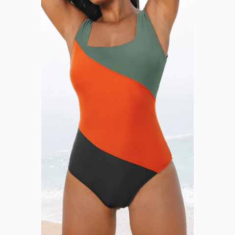 Alisha Duffel Green Color Block Padded Square Neck One Piece Swimsuit