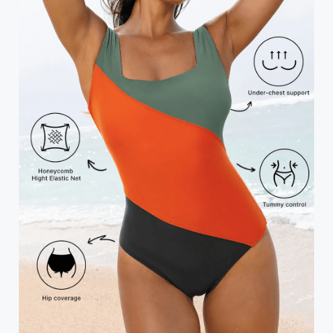 Alisha Duffel Green Color Block Padded Square Neck One Piece Swimsuit