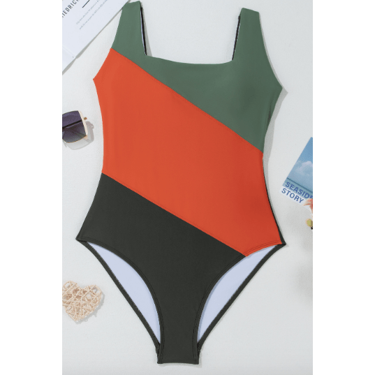 Alisha Duffel Green Color Block Padded Square Neck One Piece Swimsuit