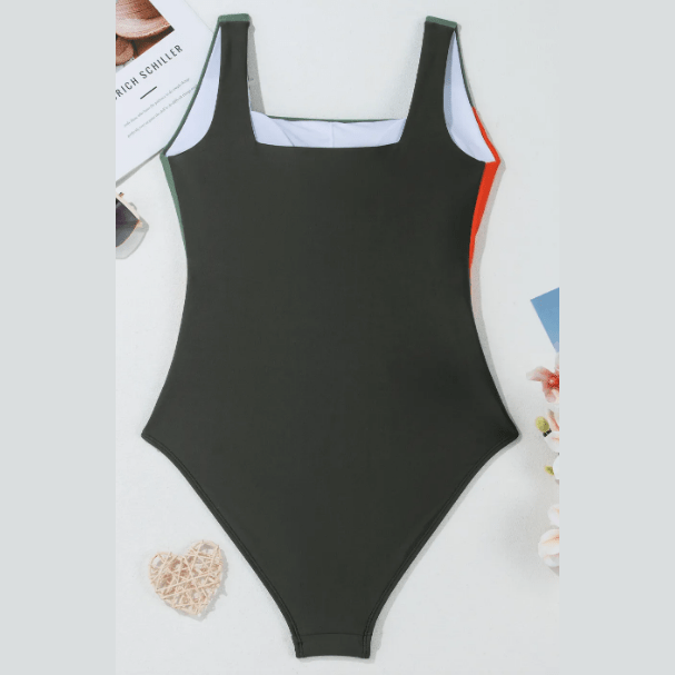 Alisha Duffel Green Color Block Padded Square Neck One Piece Swimsuit
