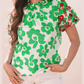 Conny Green Contrast Embroidered Puff Short Sleeve Floral Blouse