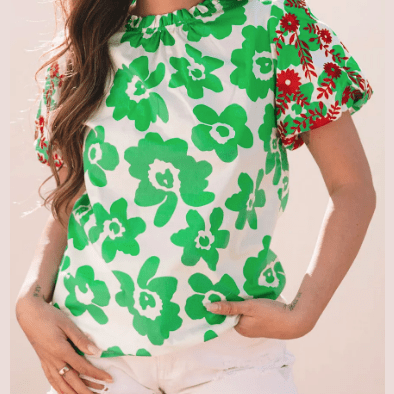 Conny Green Contrast Embroidered Puff Short Sleeve Floral Blouse