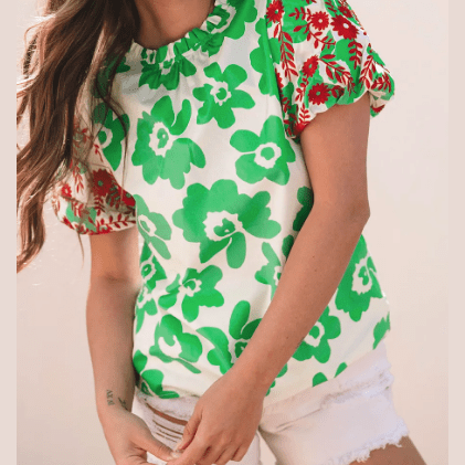 Conny Green Contrast Embroidered Puff Short Sleeve Floral Blouse