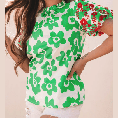 Conny Green Contrast Embroidered Puff Short Sleeve Floral Blouse