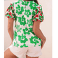 Conny Green Contrast Embroidered Puff Short Sleeve Floral Blouse