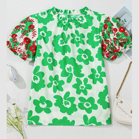 Conny Green Contrast Embroidered Puff Short Sleeve Floral Blouse