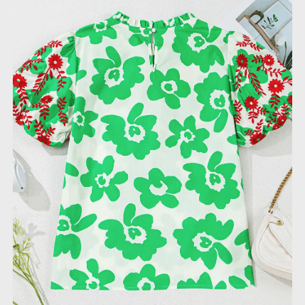 Conny Green Contrast Embroidered Puff Short Sleeve Floral Blouse