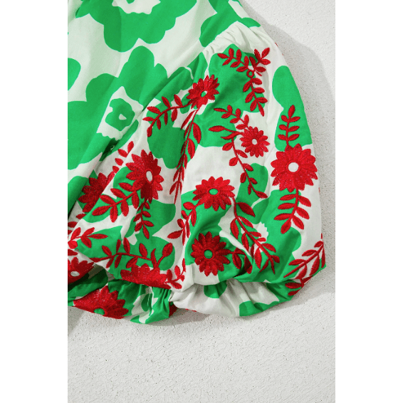 Conny Green Contrast Embroidered Puff Short Sleeve Floral Blouse